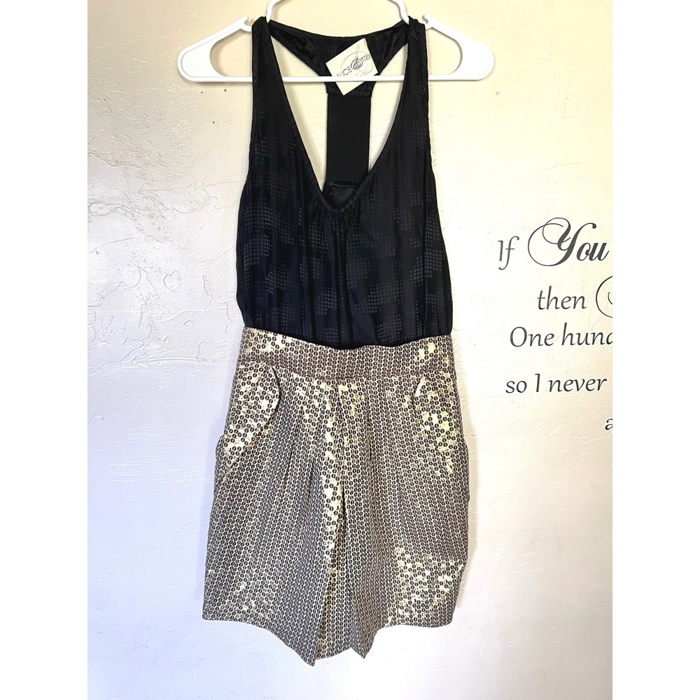 Alice + Trixie Black Silk Gold Metallic Racerback Mini Dress Brocade Luxe Glam